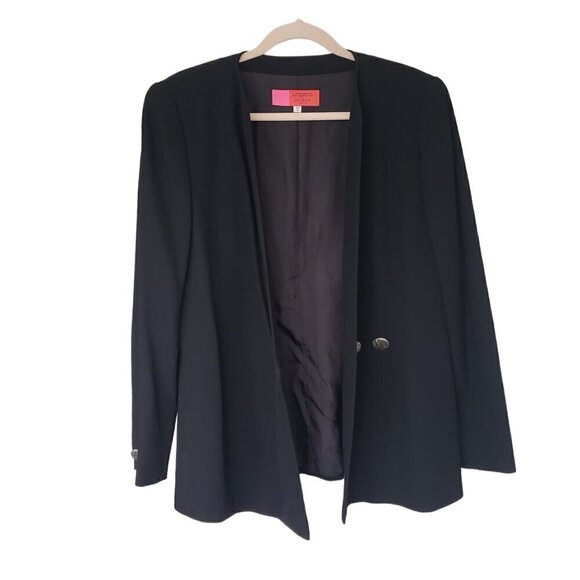 Vintage Ungaro Wool Blazer Collarless V-neck Two Button Pleated Front Black - Picture 3 of 10